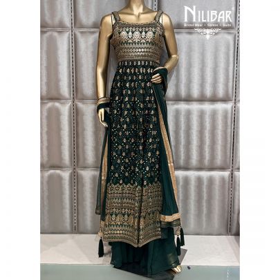 Bottle Green Silk Straight Palazzo Suit