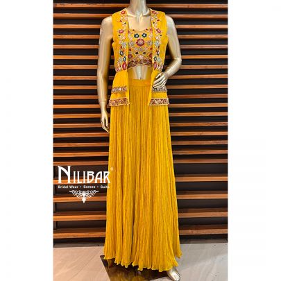 Yellow Organza and  Georgette Indo Western Jacket Style Suit