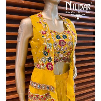 Yellow Organza and  Georgette Indo Western Jacket Style Suit