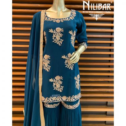 Prussian Blue Georgette Sharara Suit