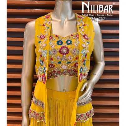Yellow Organza and  Georgette Indo Western Jacket Style Suit
