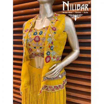 Yellow Organza and  Georgette Indo Western Jacket Style Suit