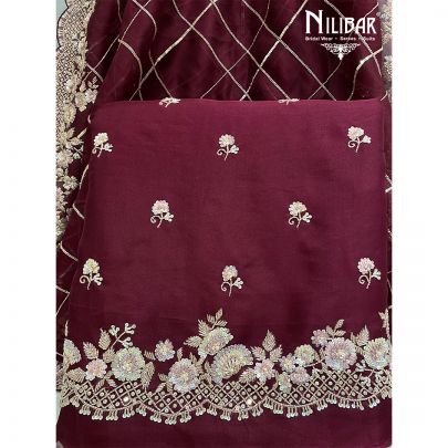 Burgundy Maroon Organza Unstitched Suit