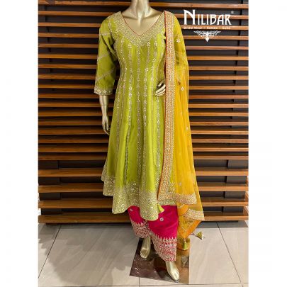 Parrot Green and Hot Pink Silk Salwar suit