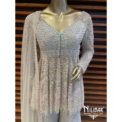 Ice Blue Net Sharara Suit