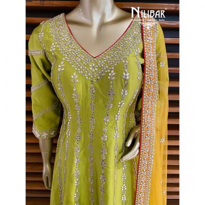Parrot Green and Hot Pink Silk Salwar suit
