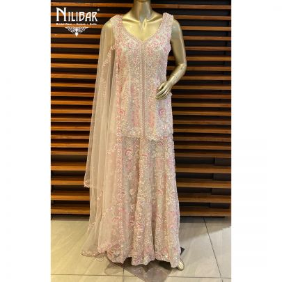 Cream and Pink Net Palazzo Suit's