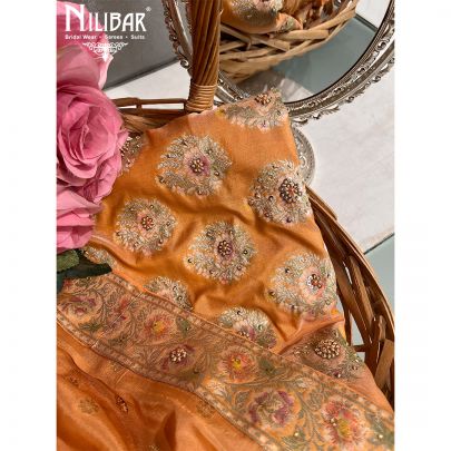 Sepia Banarasi Silk Unstitched Suit 