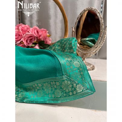Turquoise Banarasi Silk Unstitched Suit 