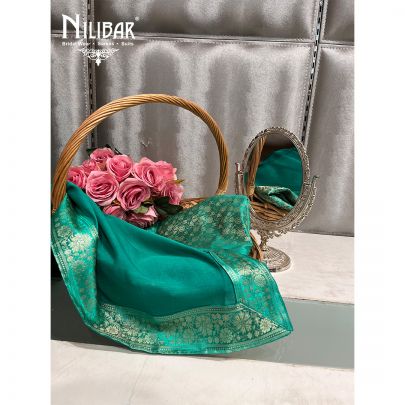 Turquoise Banarasi Silk Unstitched Suit 