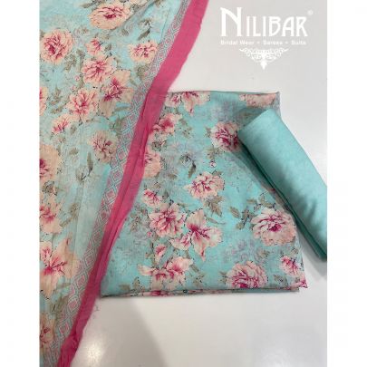 Blizzard Blue Cotton Unstitched Suit's embllished with Floral Print work along with Chinon Print Dupatta.
