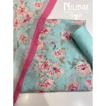 Blizzard Blue Cotton Unstitched Suit's embllished with Floral Print work along with Chinon Print Dupatta.