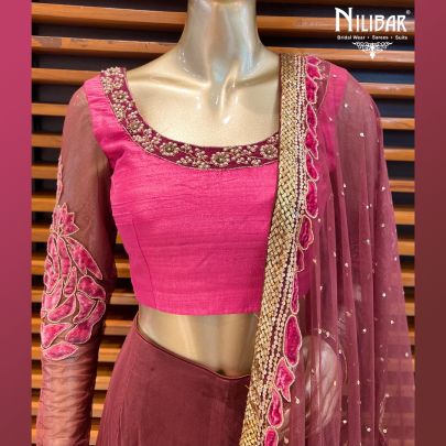 Pink Punch and Brick Maroon Silk Lehenga