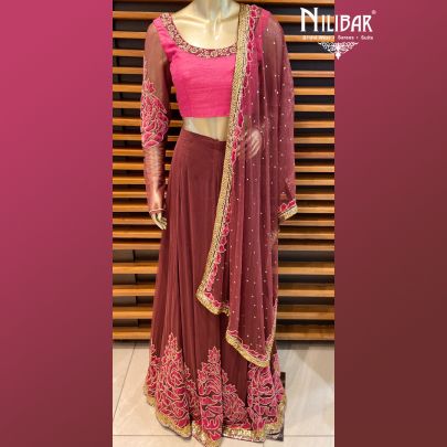Pink Punch and Brick Maroon Silk Lehenga