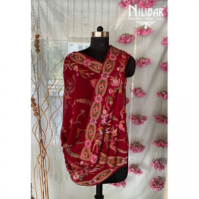 Cherry Red  Georgette Thread Parsi Dupatta