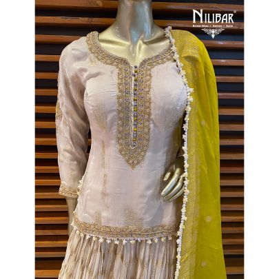 Ivory and Pineapple Green Organza Lehenga