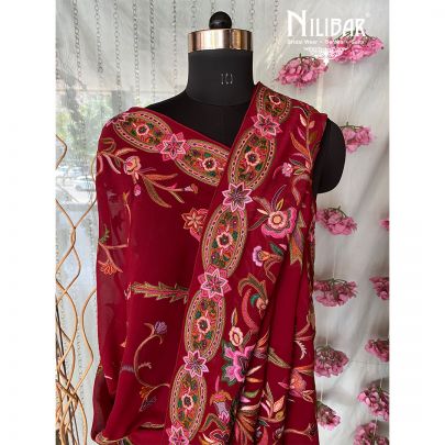 Cherry Red  Georgette Thread Parsi Dupatta