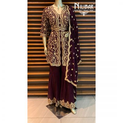 Wine Georgette Peplum Suit