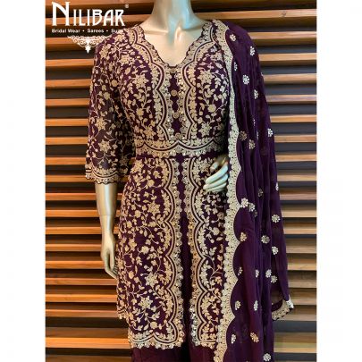 Wine Georgette Peplum Suit