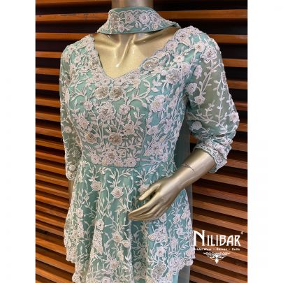 Sea green Georgette and Net Palazzo Suit