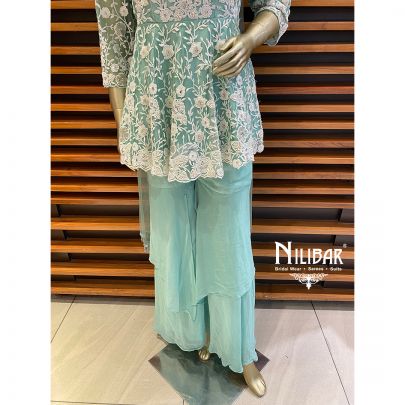 Sea green Georgette and Net Palazzo Suit