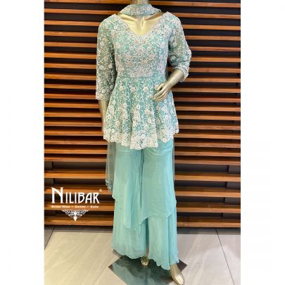 Sea green Georgette and Net Palazzo Suit