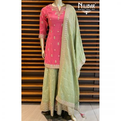 Pink and Sage Green Silk Palazzo Suit