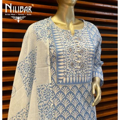 Sky Blue and White Cotton Kurta Set