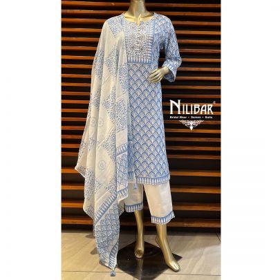 Sky Blue and White Cotton Kurta Set