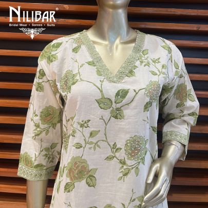 Pista and White Cotton Kurta Set