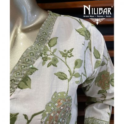 Pista and White Cotton Kurta Set