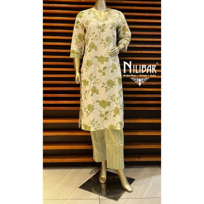 Pista and White Cotton Kurta Set