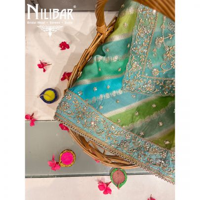 Parrot Green Multi color Silk Unstitched Suit 