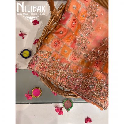 Orange Multi color Silk Unstitched Suit