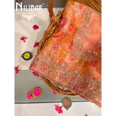 Orange Multi color Silk Unstitched Suit
