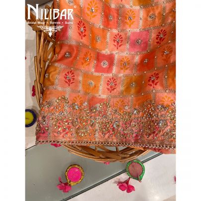 Orange Multi color Silk Unstitched Suit