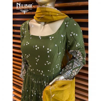 Mehendi Green and Yellow Chiffon Bandhani Anarkali Suit