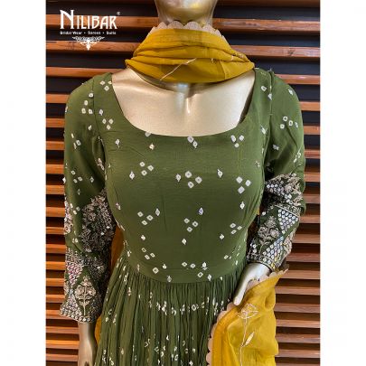 Mehendi Green and Yellow Chiffon Bandhani Anarkali Suit