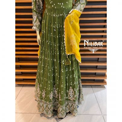 Mehendi Green and Yellow Chiffon Bandhani Anarkali Suit