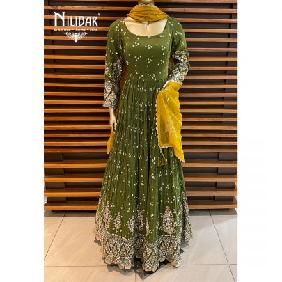 Mehendi Green and Yellow Chiffon Bandhani Anarkali Suit
