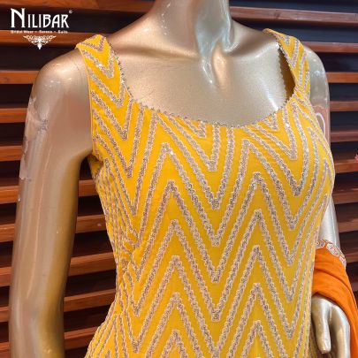 Yellow and Contrast Orange Georgette Palazzo Suit