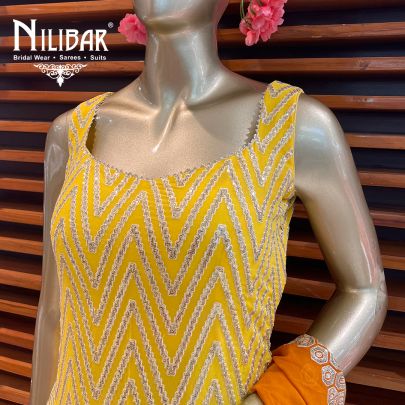 Yellow and Contrast Orange Georgette Palazzo Suit