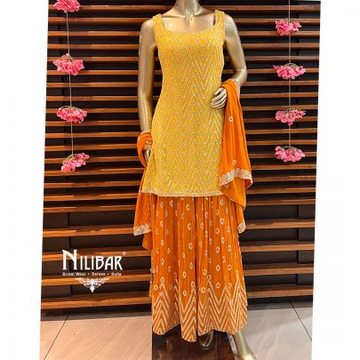 Yellow and Contrast Orange Georgette Palazzo Suit