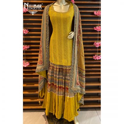 Mustard Georgette Printed Garara Suit