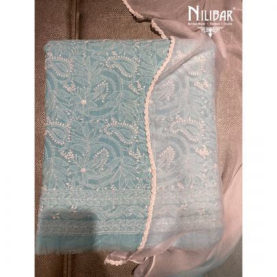 Sky Blue Cotton and Chinon Unstitched Suit