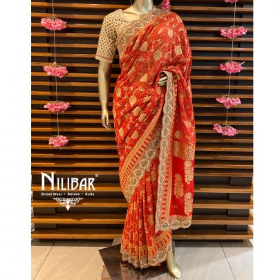 Orange and Red Georgette Banarasi Saree