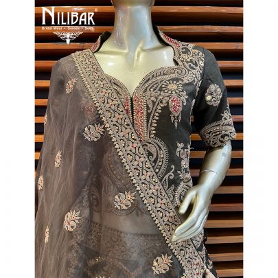 Olive Green Silk and Organza Bridal Lehenga