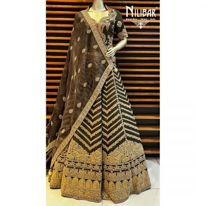 Olive Green Silk and Organza Bridal Lehenga