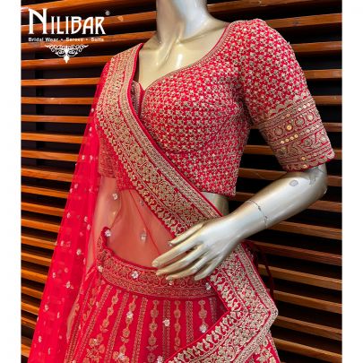 Rose Red Silk and Net Bridal Lehenga