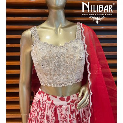 Red and White Chinon Lehenga